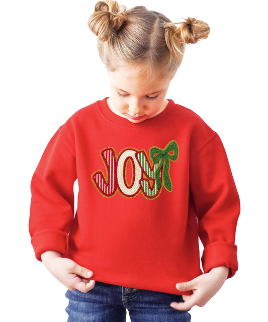 Women's JOY Christmas sweatshirt with red and green faux yarn patch ink-printed graphic design