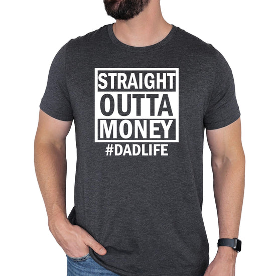 Man wearing royal blue Straight Outta Money dad life t-shirt front view