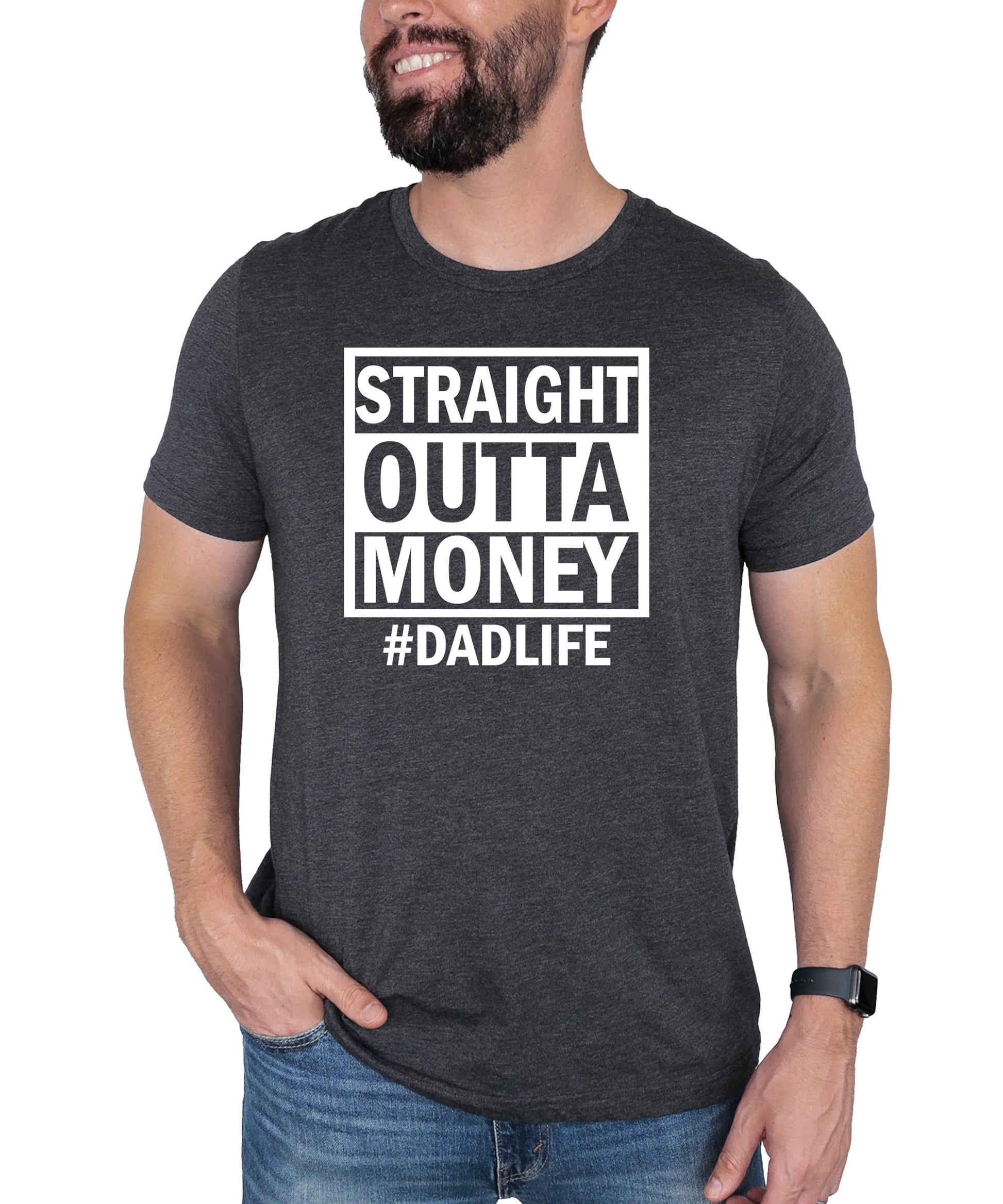 Man wearing royal blue Straight Outta Money dad life t-shirt front view