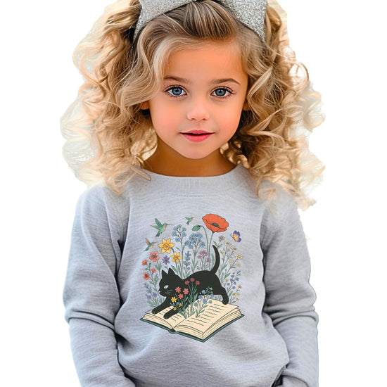 Side or back view of white black cat bookworm sweatshirt showing fit and fabric quality