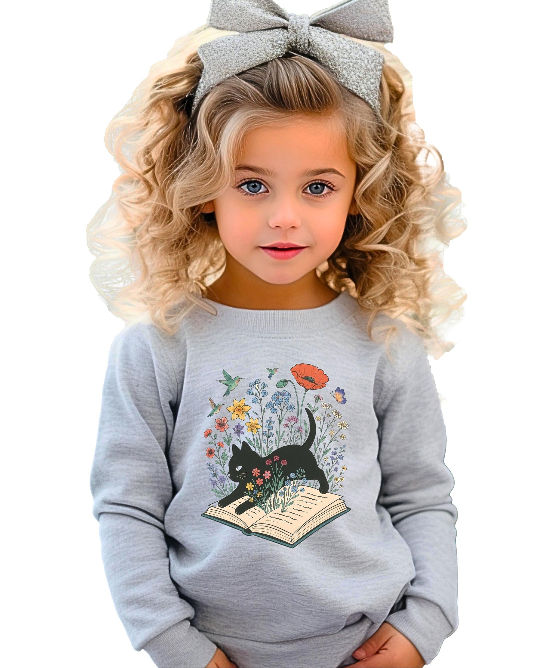 Side or back view of white black cat bookworm sweatshirt showing fit and fabric quality