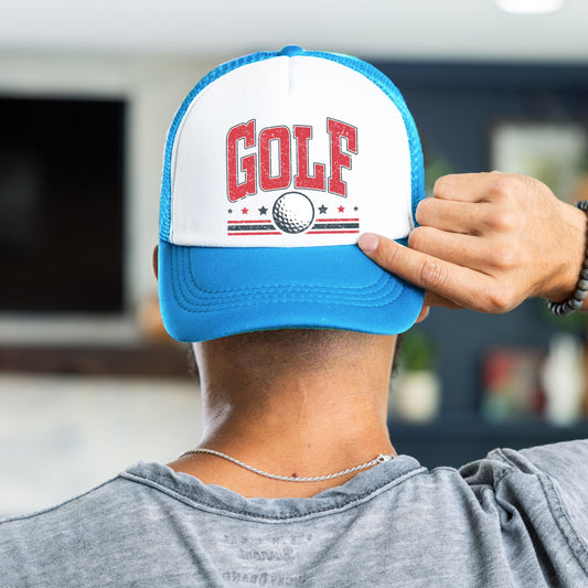 Patriotic Golf Classic 5 Panel High Crown Foam Front Trucker Hat Mesh Snap Back Red White Blue