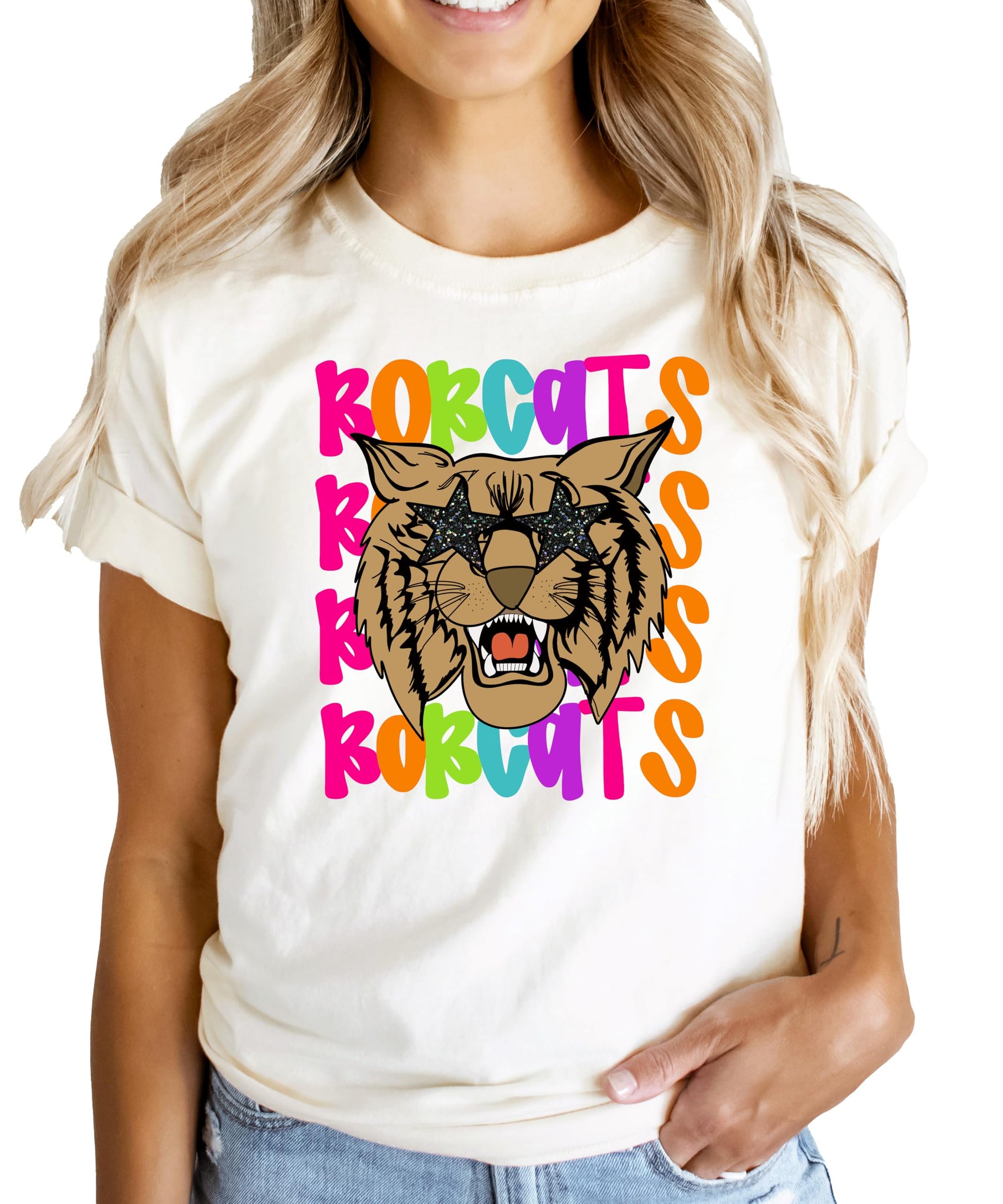 Kids version of the colorful Bobcats wavy spirit graphic tee, natural fabric
