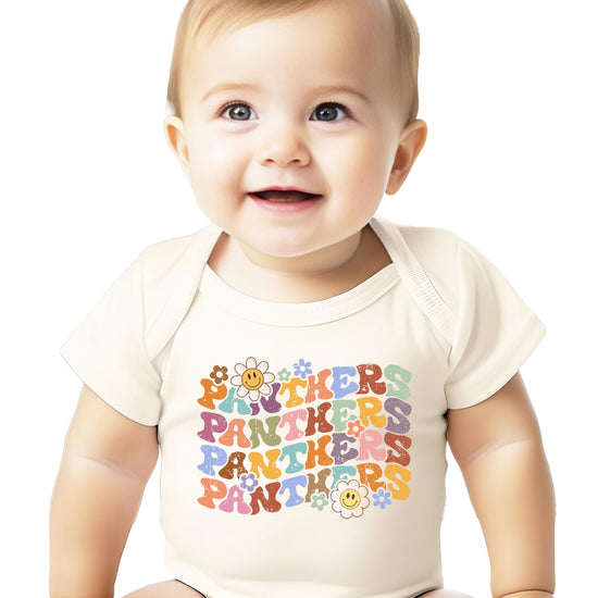 Trendy Panthers fan shirt with retro rainbow lettering and smiley flower design on natural colored tee