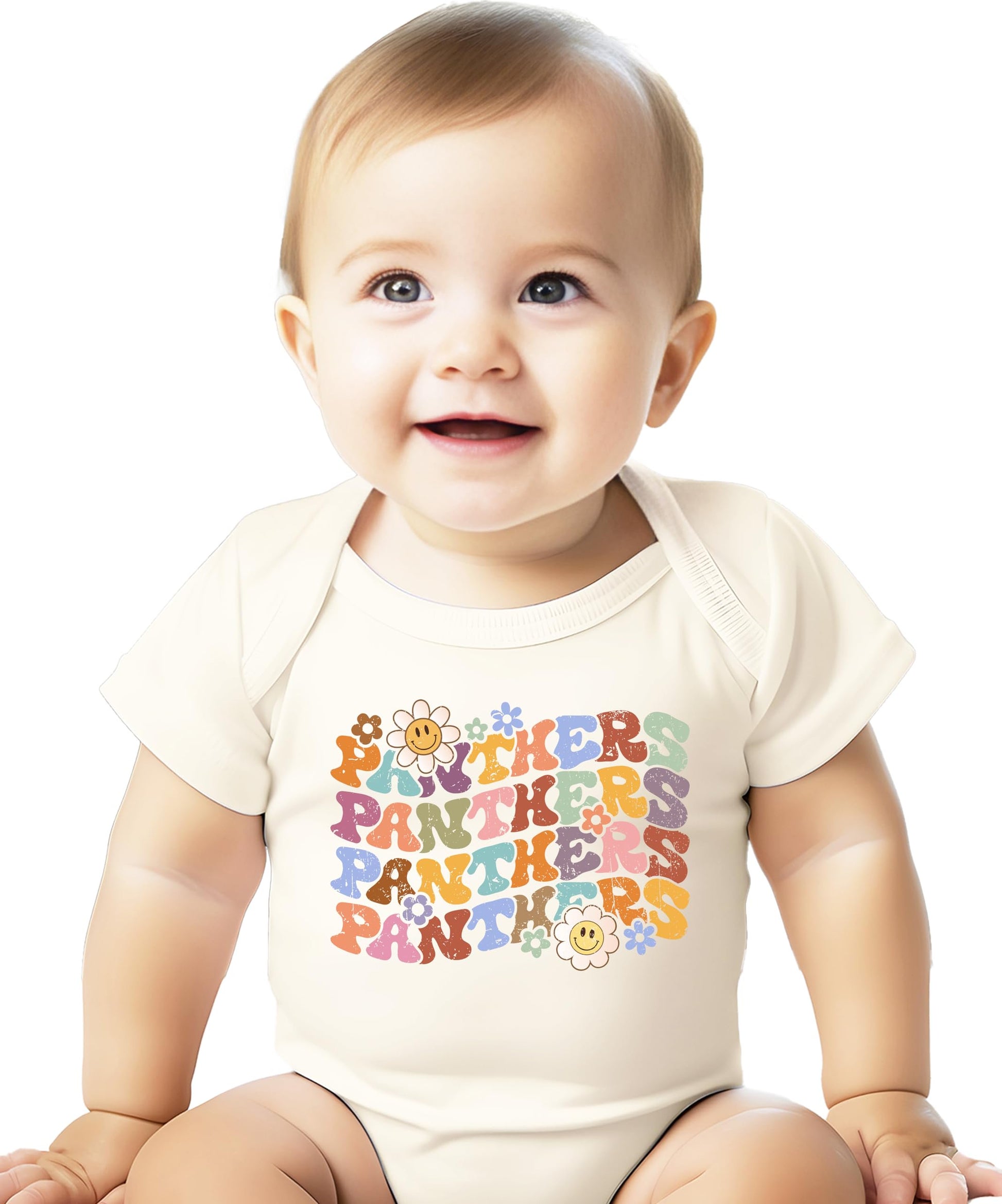 Trendy Panthers fan shirt with retro rainbow lettering and smiley flower design on natural colored tee