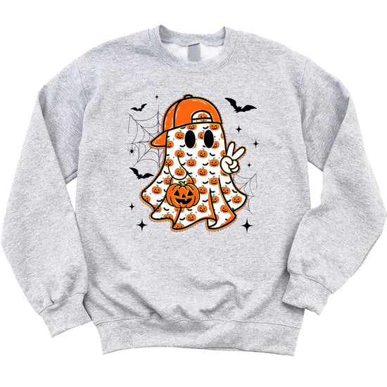 Front view of kids ghost Halloween sweatshirt with peace sign pumpkin and bat design on white fabric