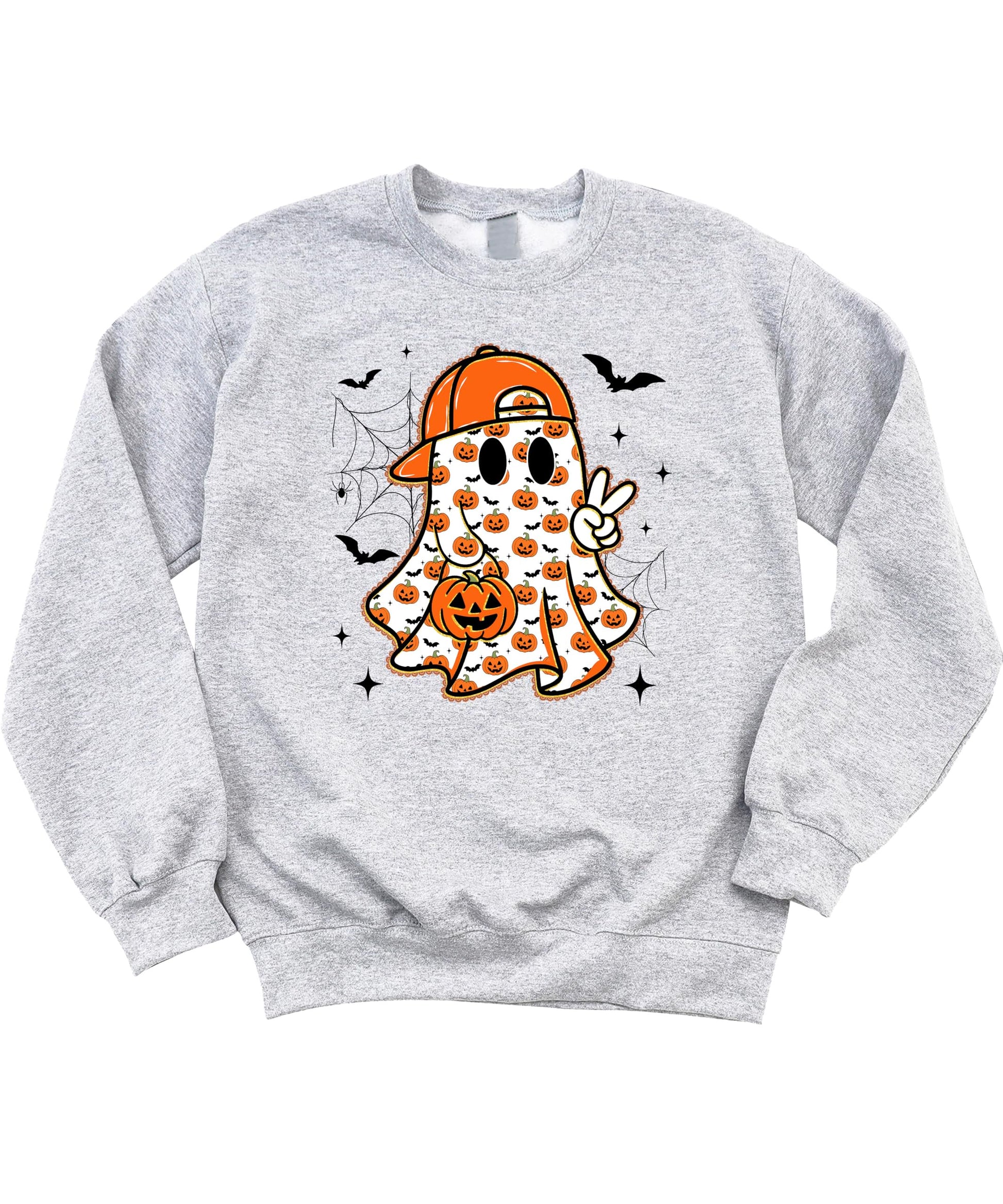 Front view of kids ghost Halloween sweatshirt with peace sign pumpkin and bat design on white fabric