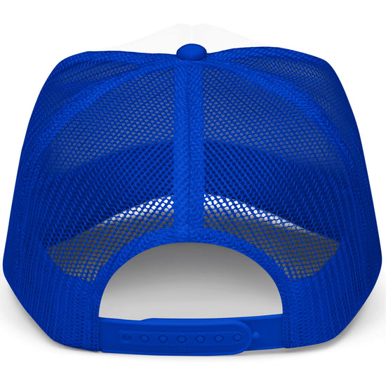 Trout fishing sunset trucker hat back view - royal blue mesh with adjustable snapback closure