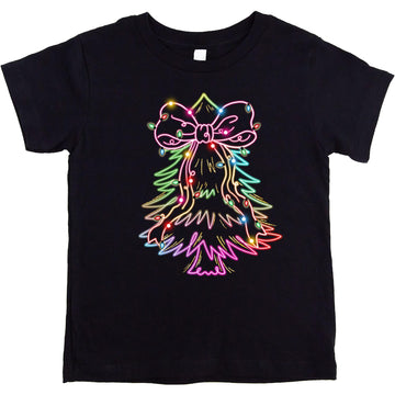 Christmas Tree Retro Neon Short Sleeve Graphic T-Shirt for Women, Youth and Toddler Girls Black Shirt 5-6