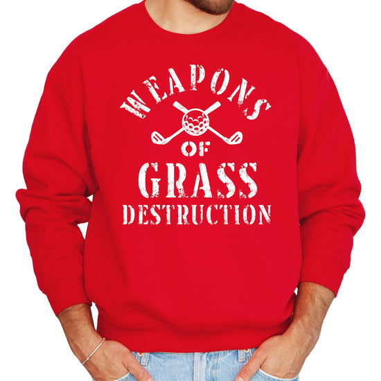Close-up of Weapons of Grass Destruction golf graphic print on black sweatshirt