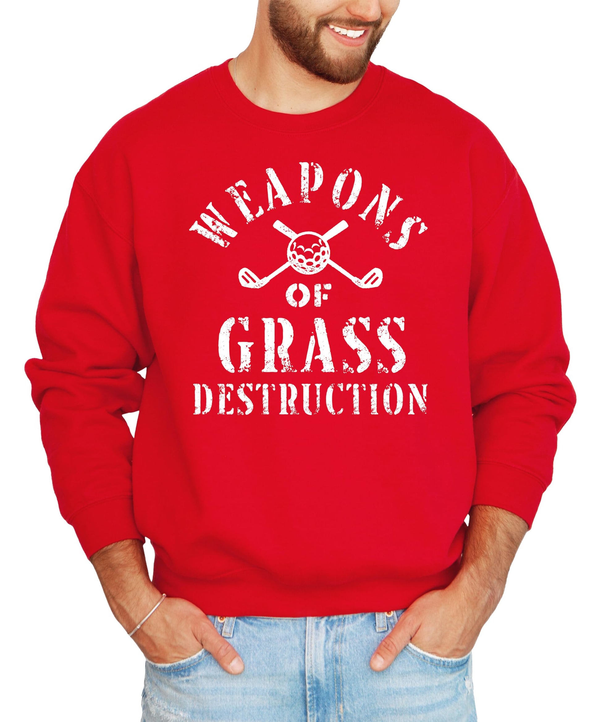 Close-up of Weapons of Grass Destruction golf graphic print on black sweatshirt