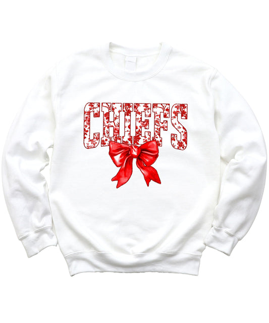 Floral Chiefs Team Sweatshirt for Women, Teens & Kids Red Coquette Bow Sports Team Sweater