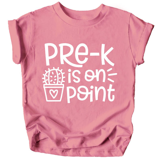 Close-up view of pre-K first day school shirt showing print quality and mauve color