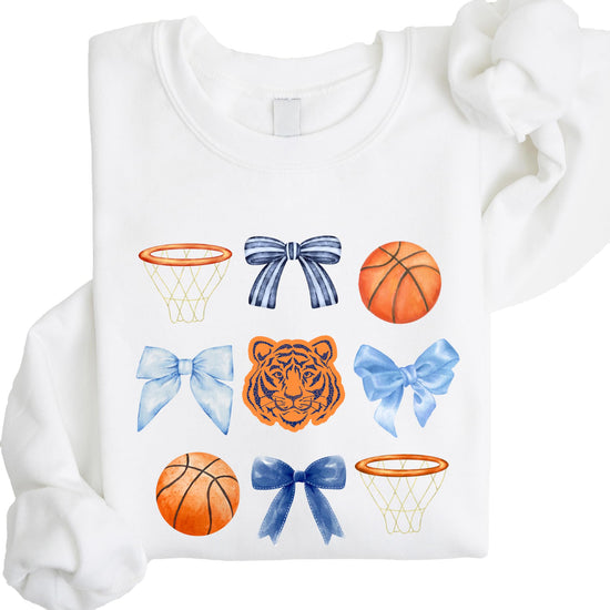 Tigers mascot coquette bows sweatshirt styled casually, shown on model or flat lay