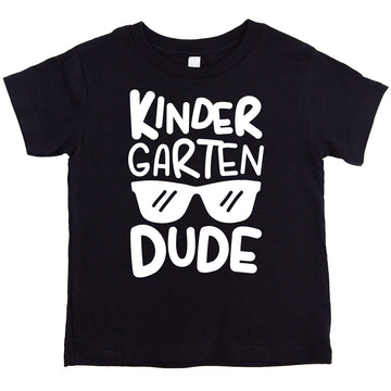 Boys royal blue kindergarten dude graphic tee with vintage sunglasses design for first day of school