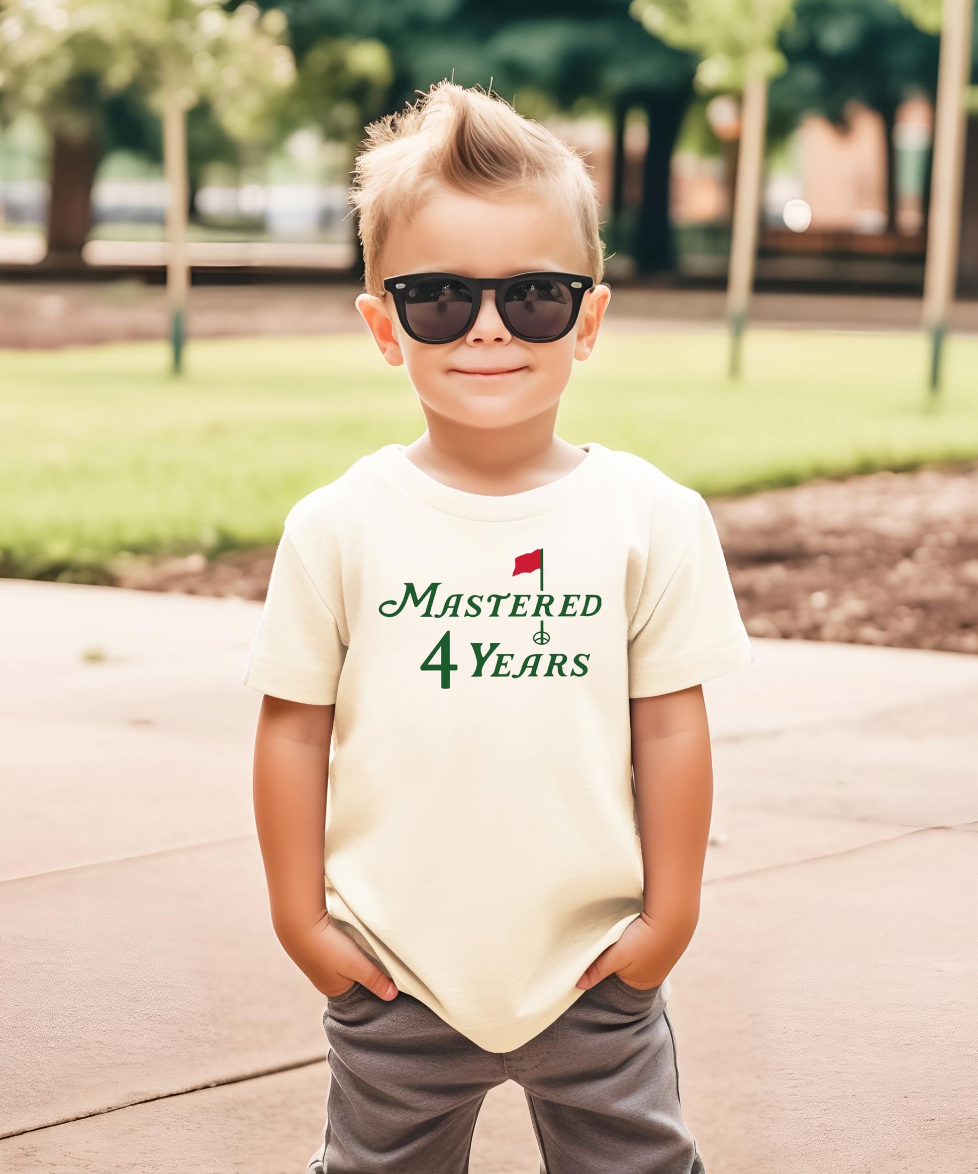 Flat lay of Mastered 4 Years kids birthday tee with golf theme graphic design