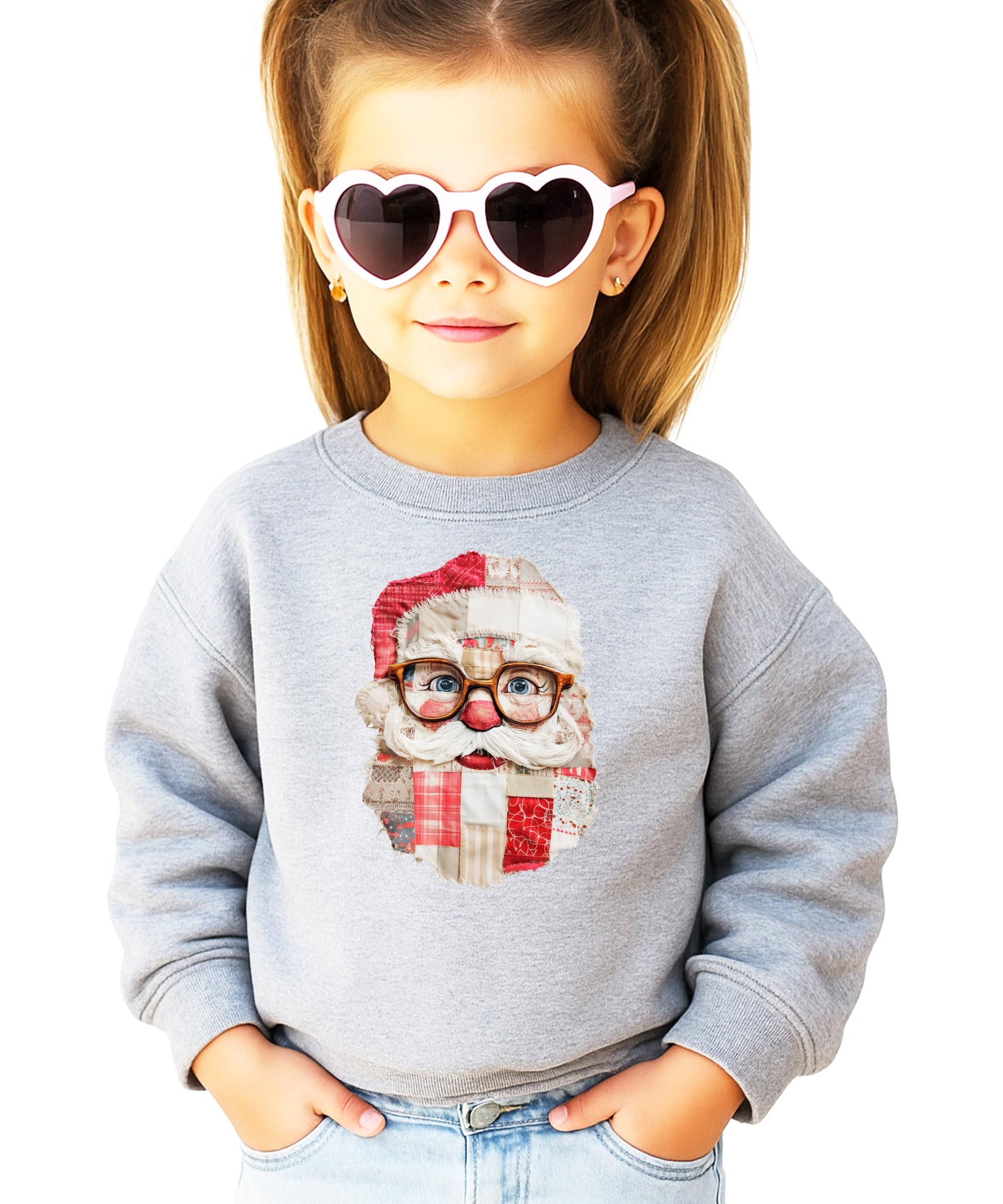 Black sweatshirt with ink-printed faux patchwork Santa face wearing vintage glasses, women's Christmas holiday top