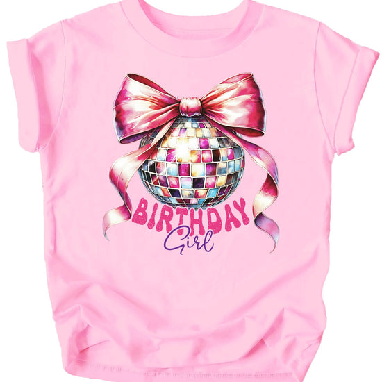 Birthday girl in natural tee featuring sparkly disco ball and pink bow coquette design
