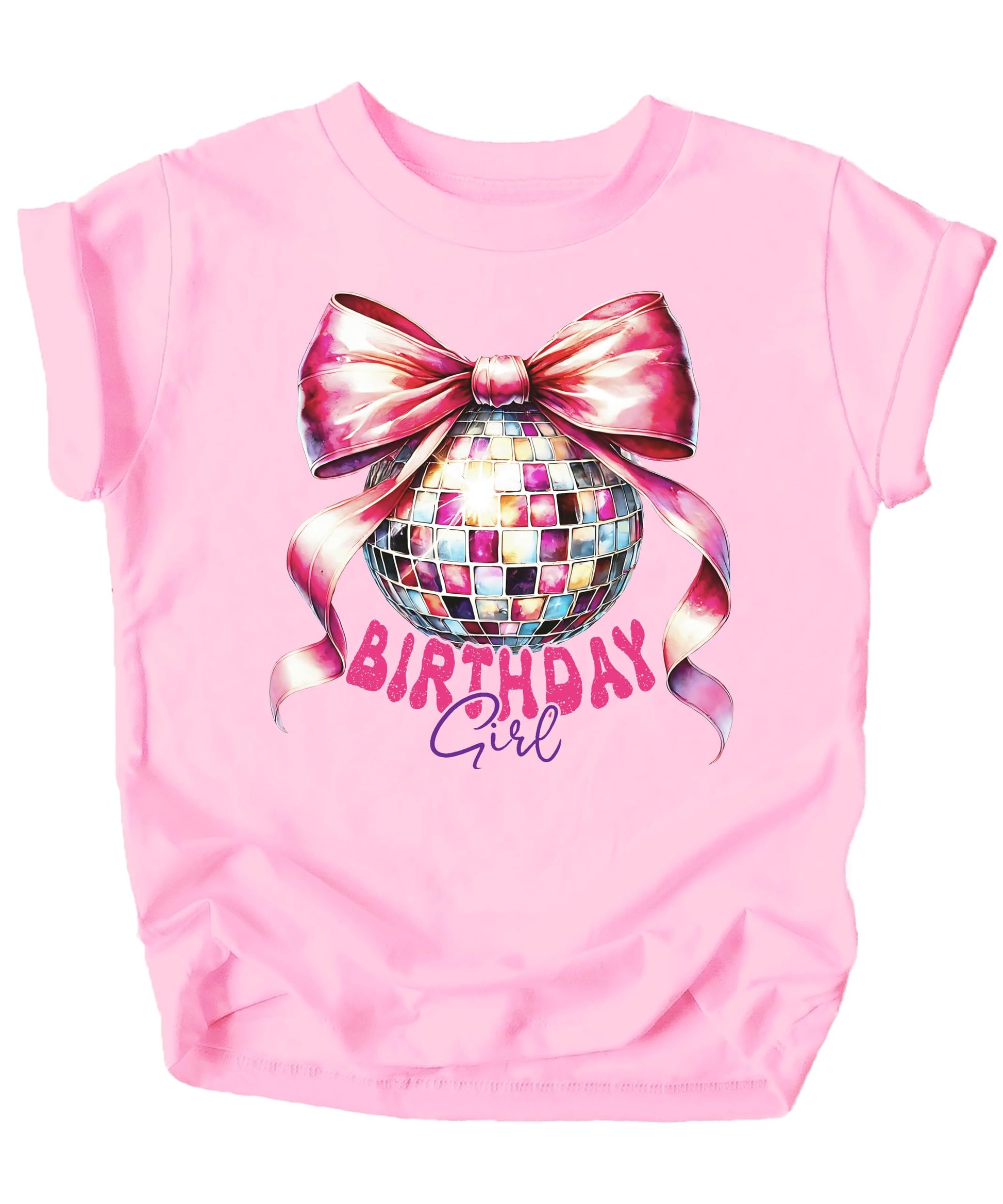 Birthday girl in natural tee featuring sparkly disco ball and pink bow coquette design