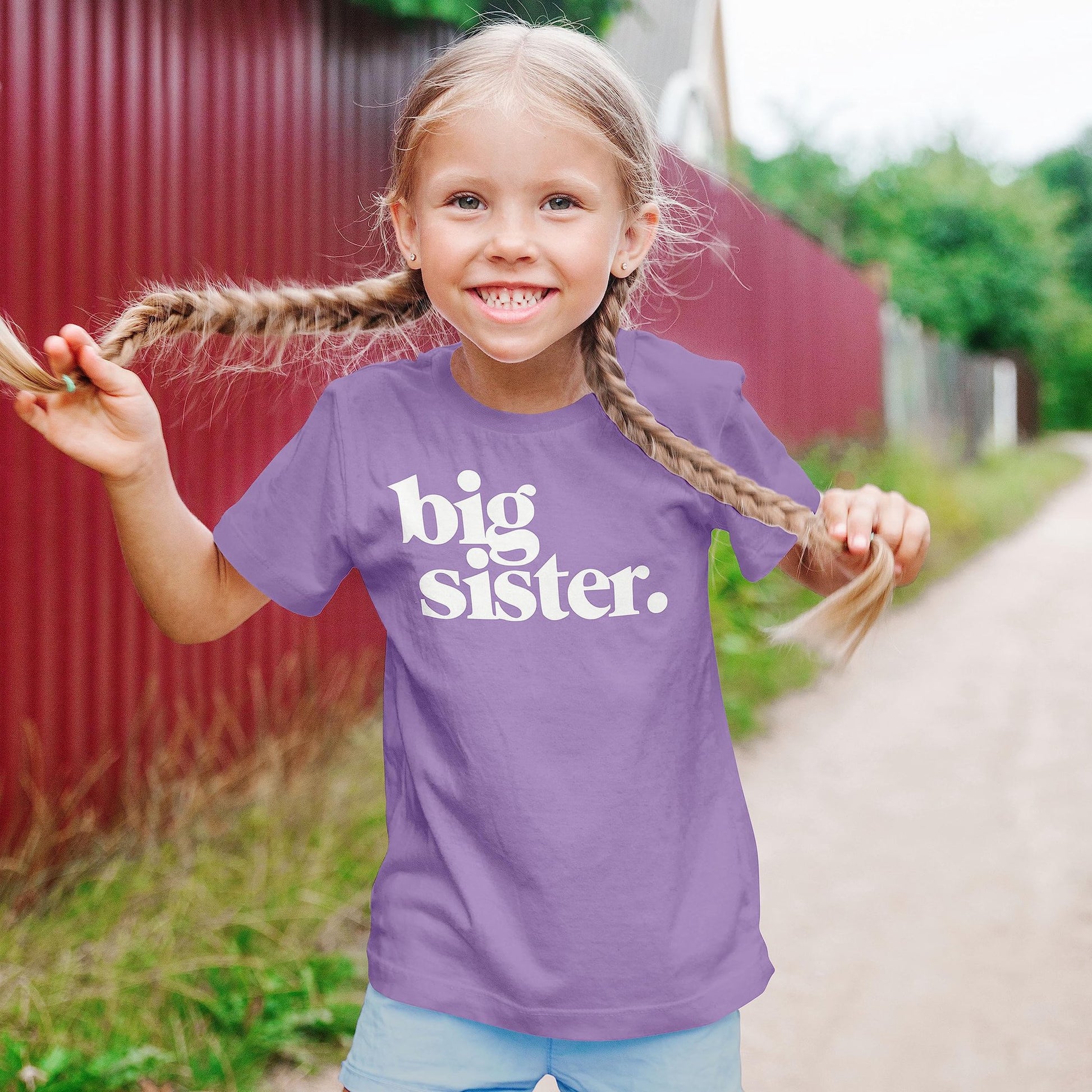 Purple Big Sister youth t-shirt styled for pregnancy reveal photos
