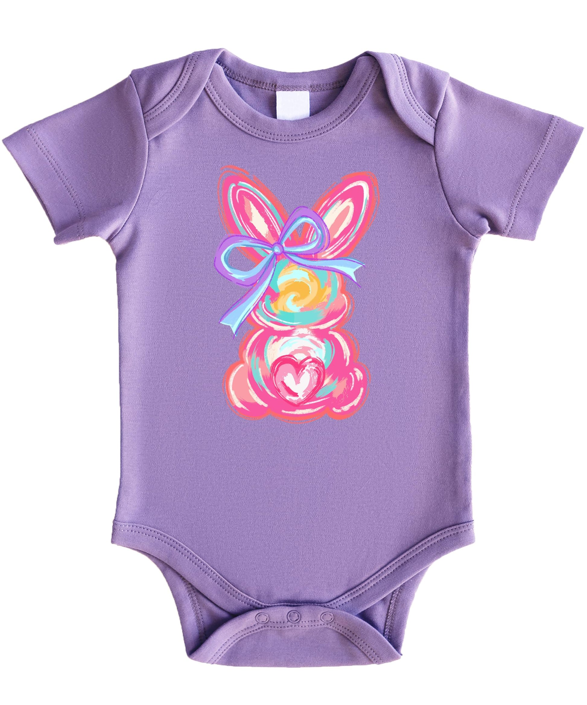 Baby girl wearing a purple watercolor Easter bunny bodysuit with pastel bow detail