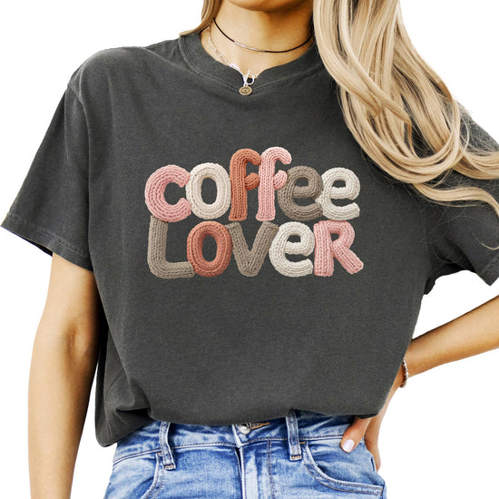 Women's casual coffee theme shirt laid flat showing full front graphic