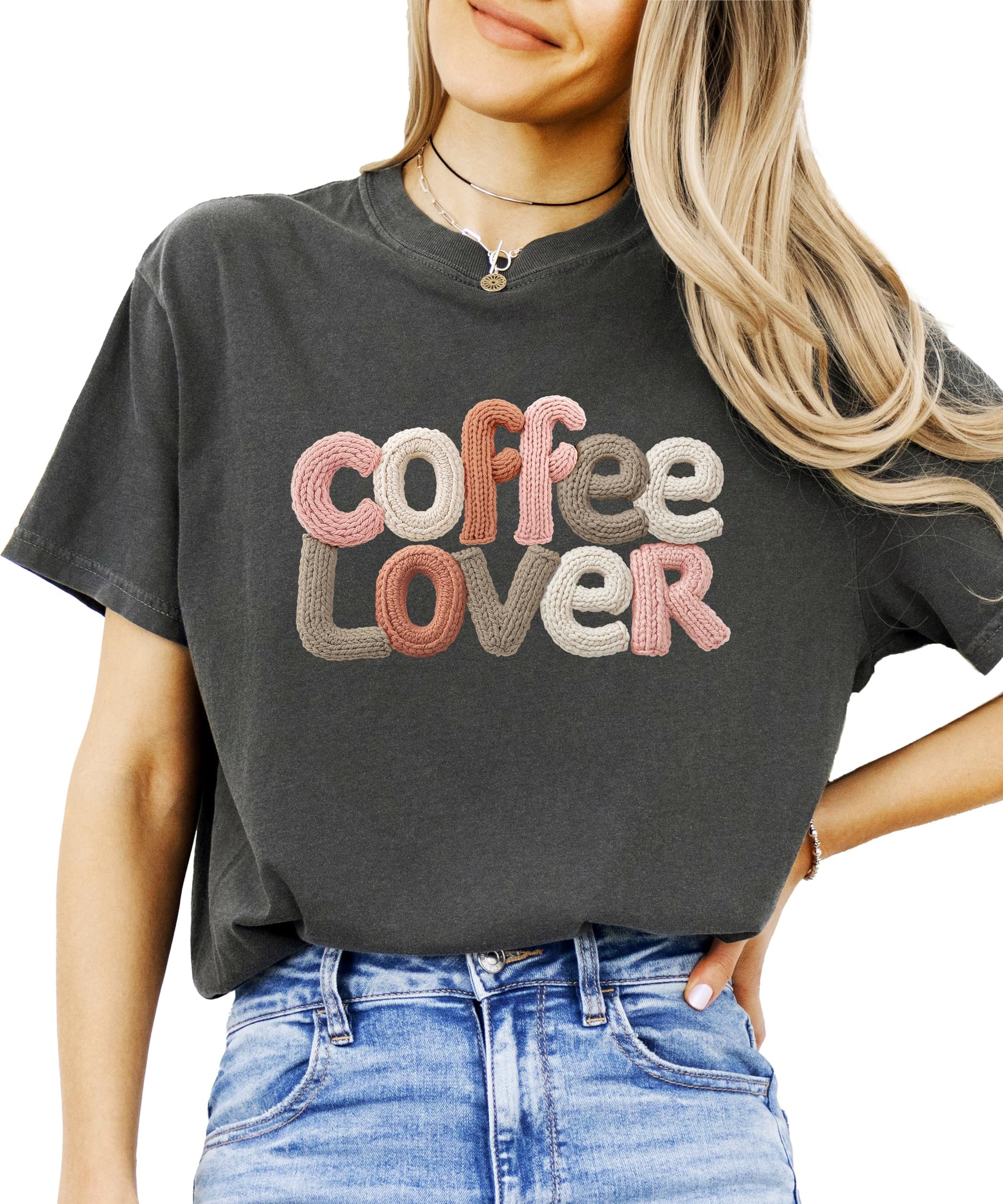 Women's casual coffee theme shirt laid flat showing full front graphic