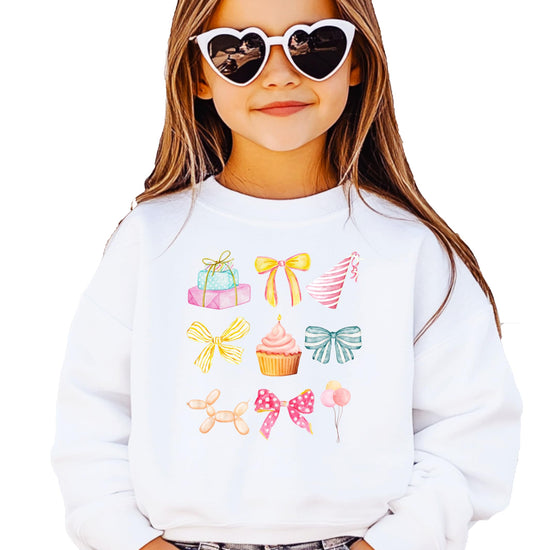 Girls wearing pastel birthday sweatshirt with coquette bow and party graphic design