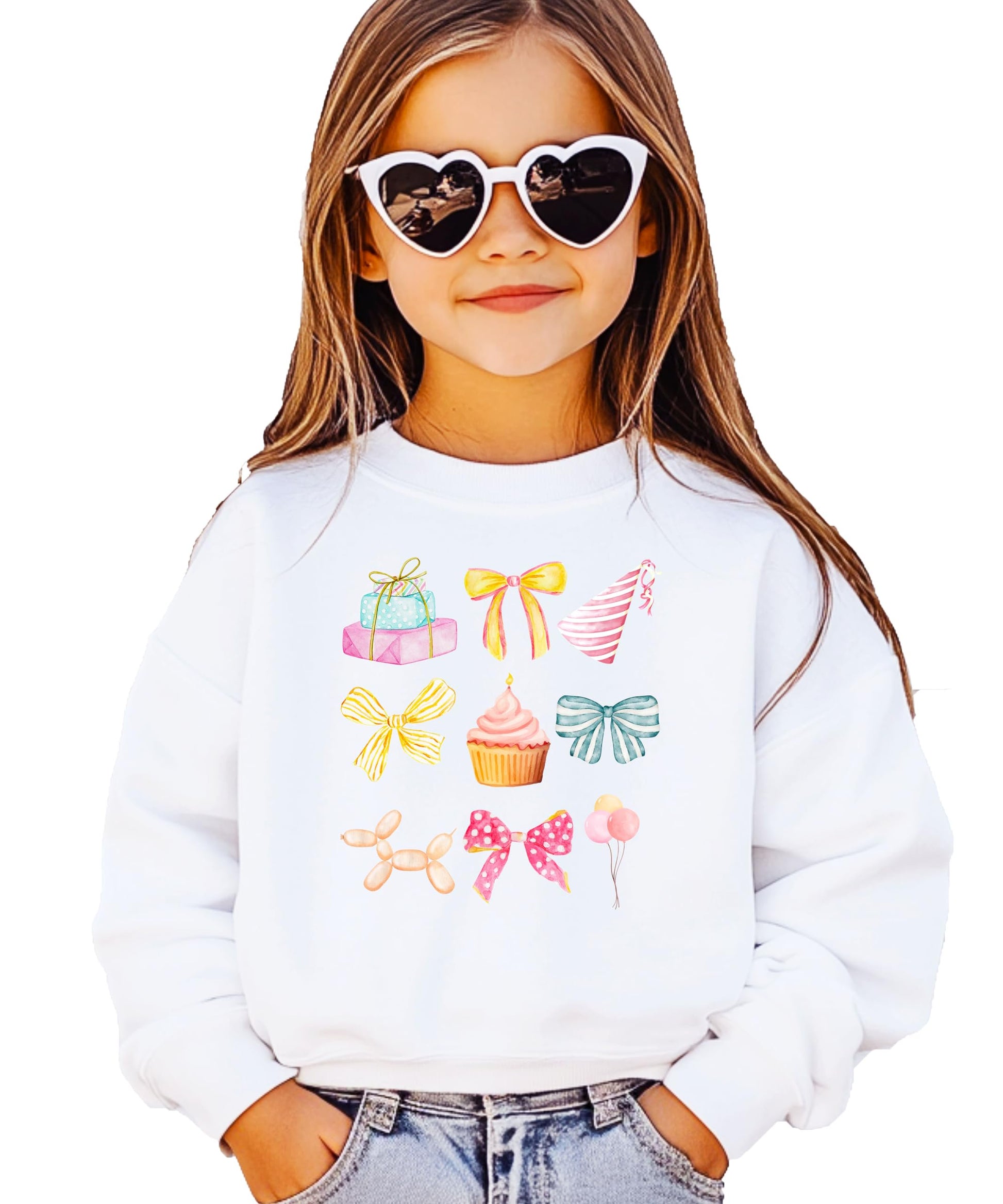 Girls wearing pastel birthday sweatshirt with coquette bow and party graphic design
