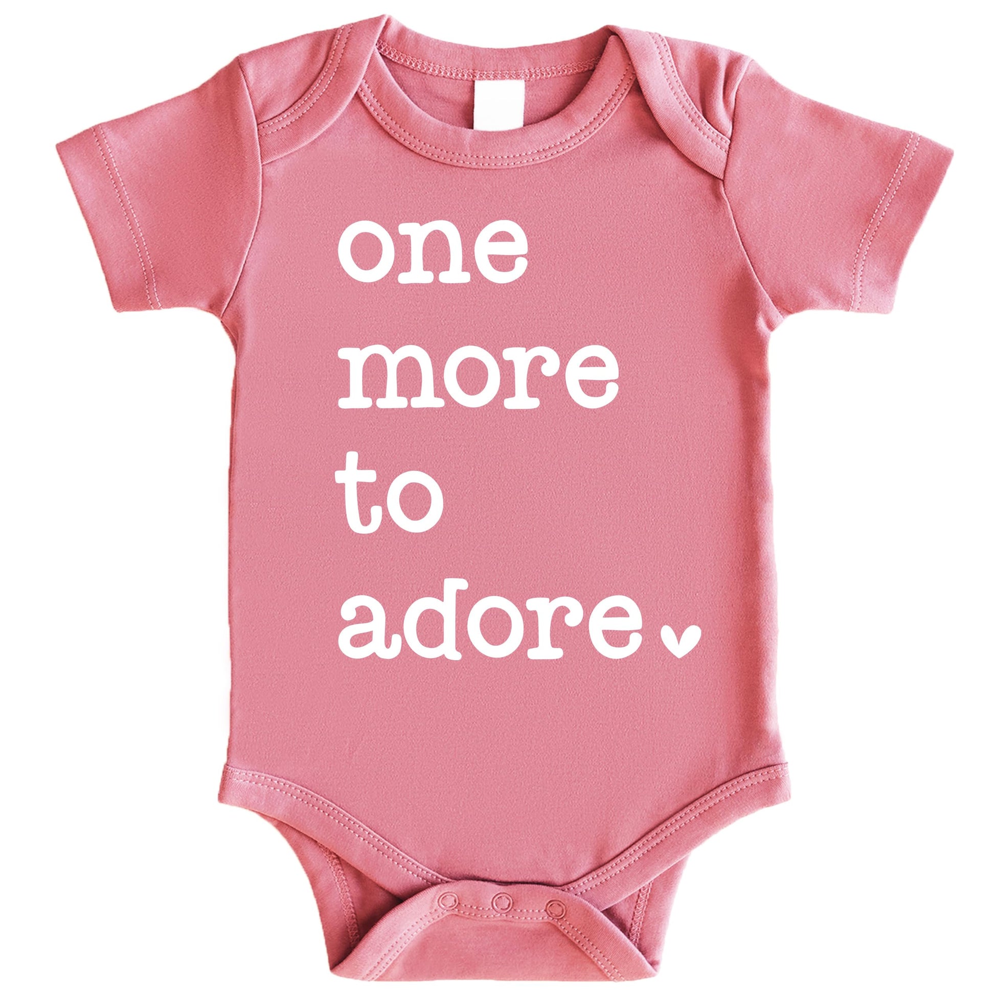 Newborn One More to Adore bodysuit laid flat showing full graphic design on military green