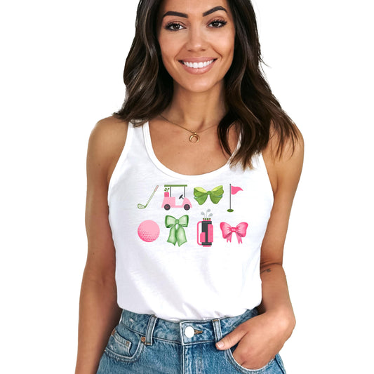 Girly Coquette Bows and Golf Graphics Tank Top for Women and Teens Preppy Golfer Shirt
