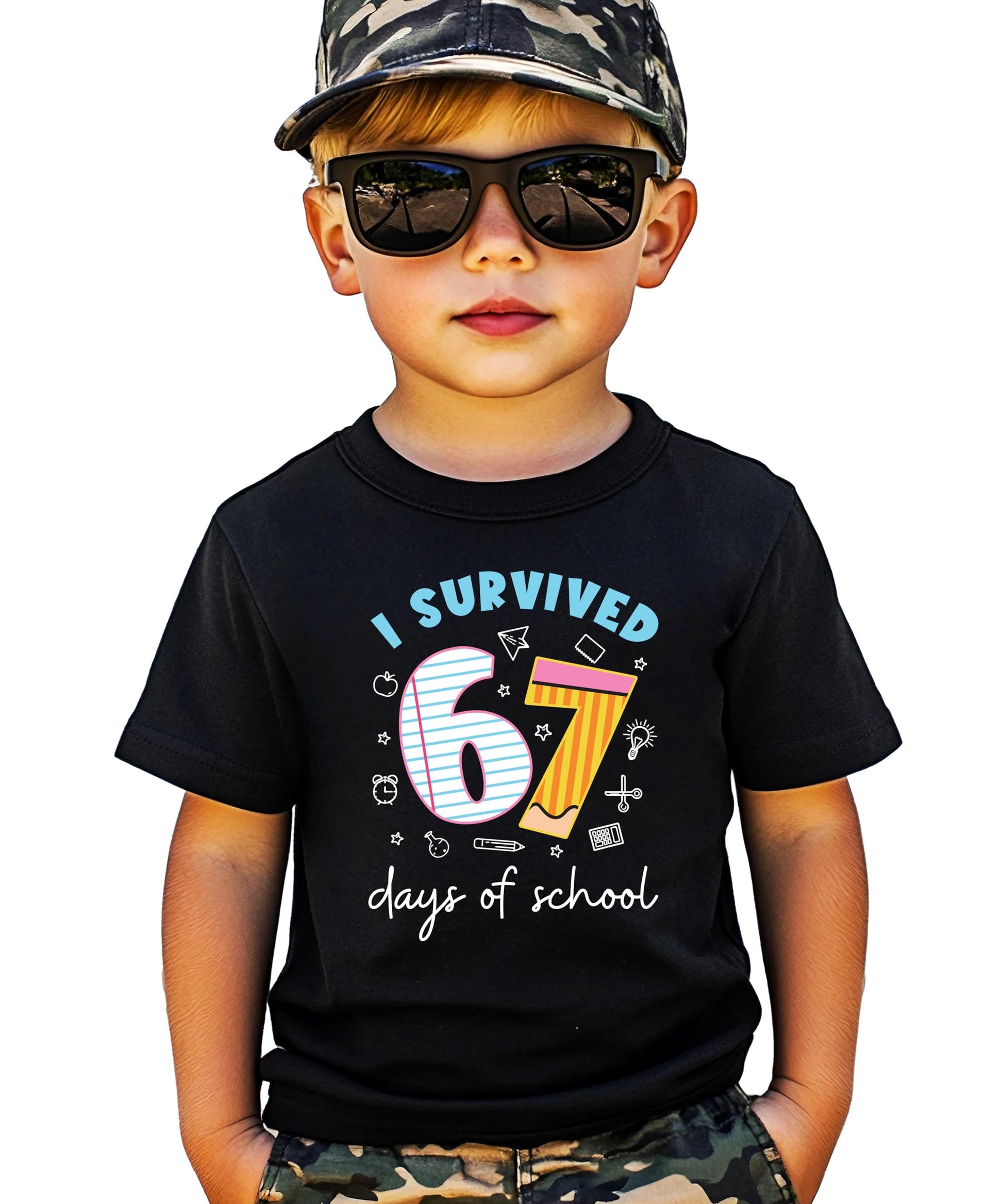 Back or alternate view of I Survived 67 Days of School kids graphic t-shirt