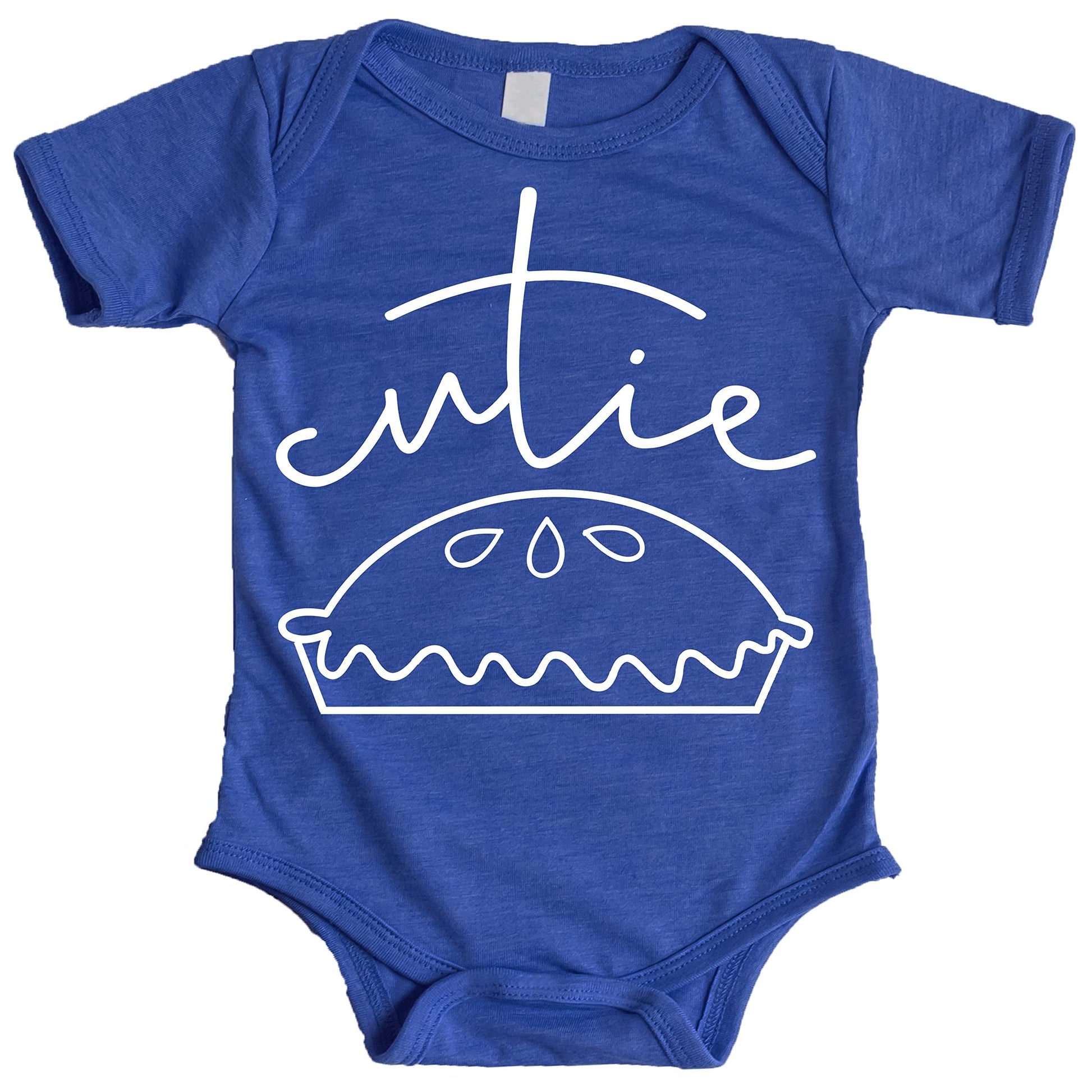 Infant bodysuit with Cutie Pie graphic, side angle view on white background