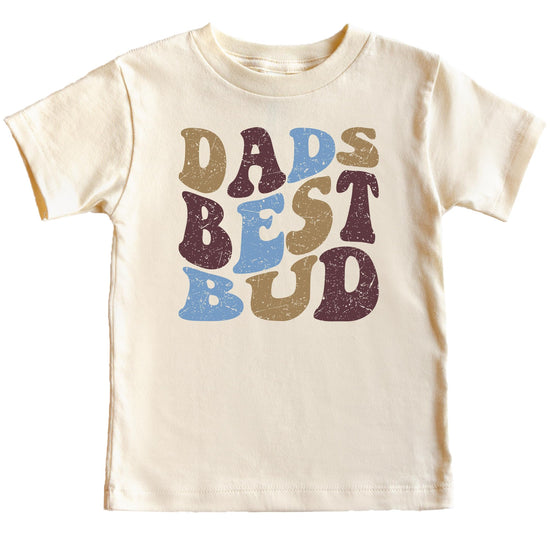 Close-up of Dad's Best Bud retro print on natural kids t-shirt