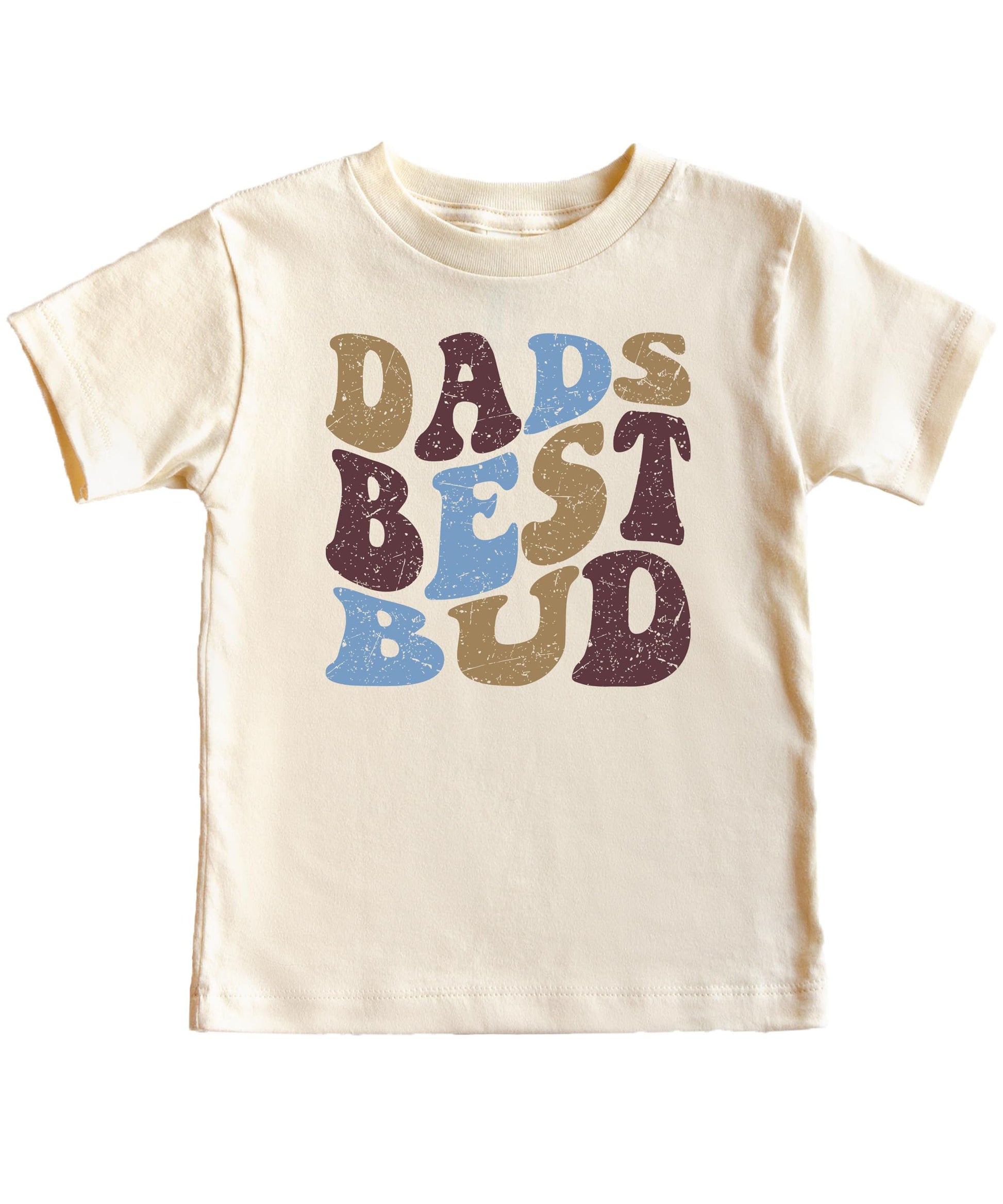 Close-up of Dad's Best Bud retro print on natural kids t-shirt