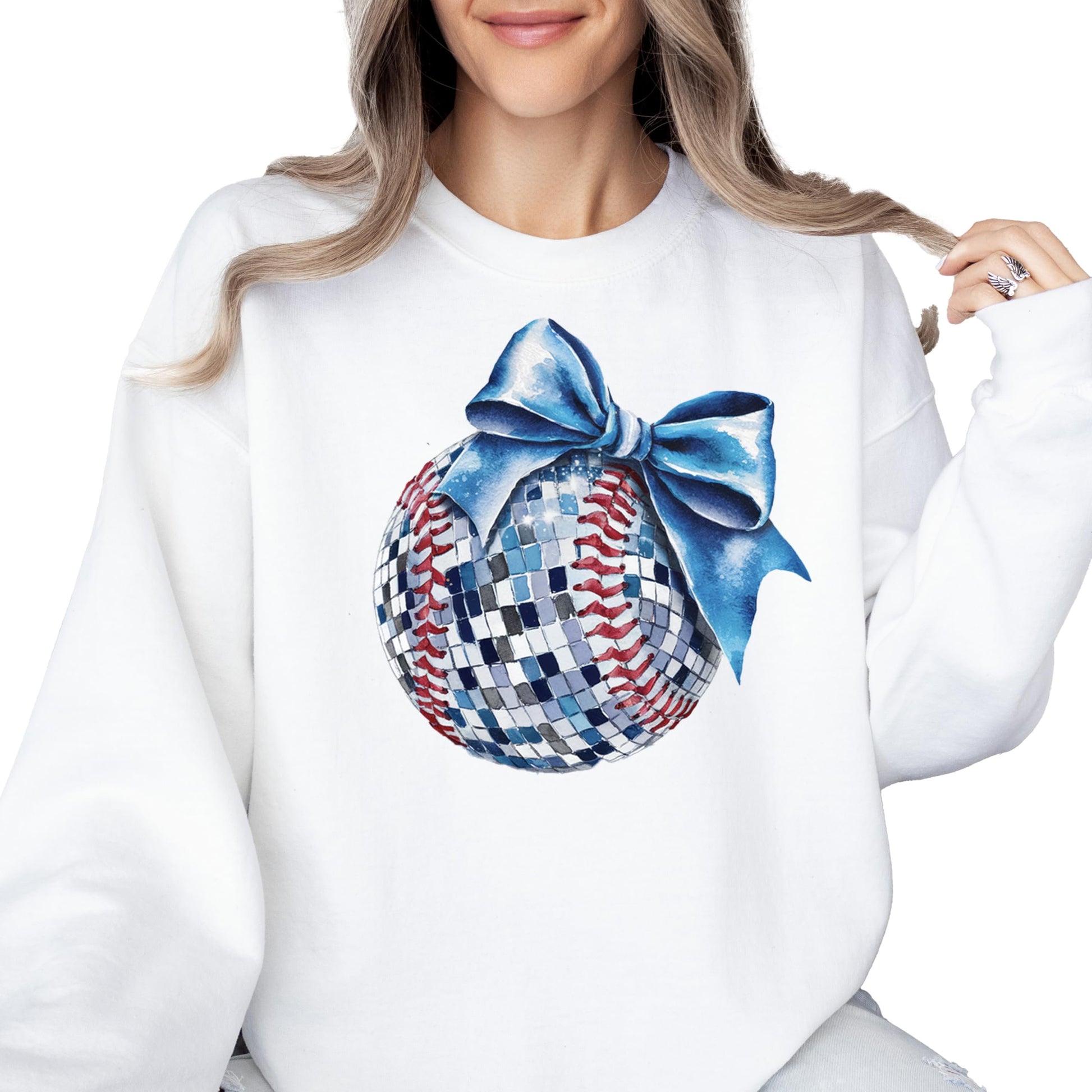 Close-up of disco ball and blue bow softball design printed on gray sweatshirt