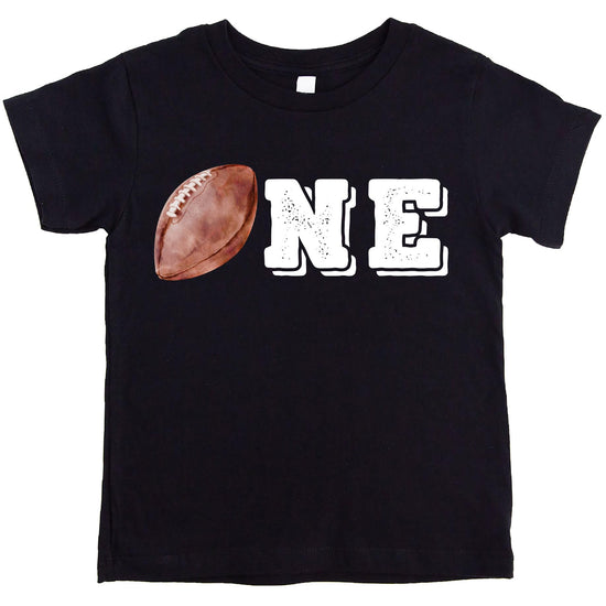 Close-up of distressed football ONE print on baby boys birthday tee