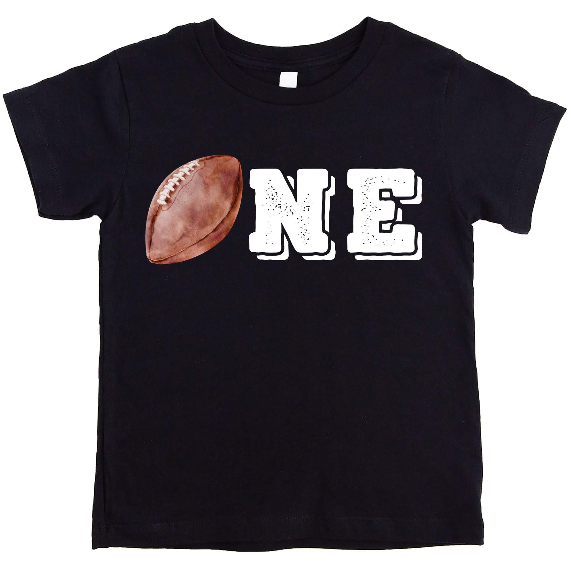 Close-up of distressed football ONE print on baby boys birthday tee