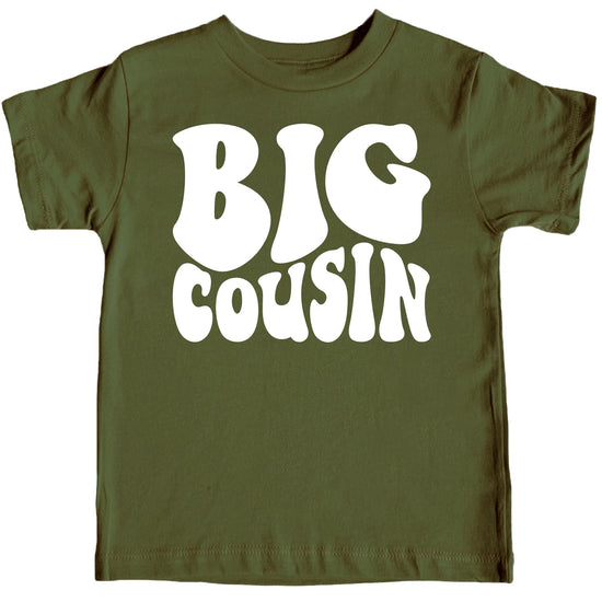 Military green toddler tee with white retro Big Cousin graphic print, front view