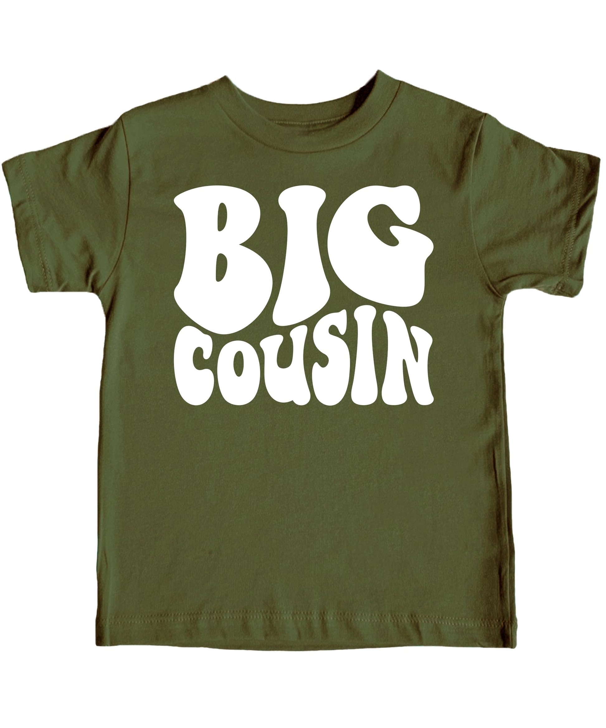 Military green toddler tee with white retro Big Cousin graphic print, front view