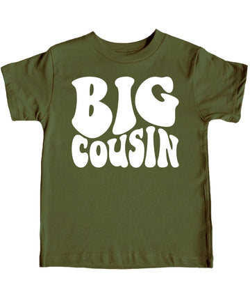 Military green toddler tee with white retro Big Cousin graphic print, front view