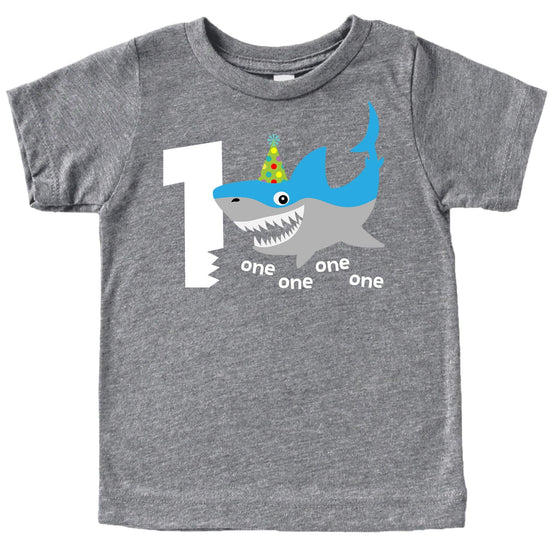 Baby boy wearing black shark 1st birthday shirt outfit
