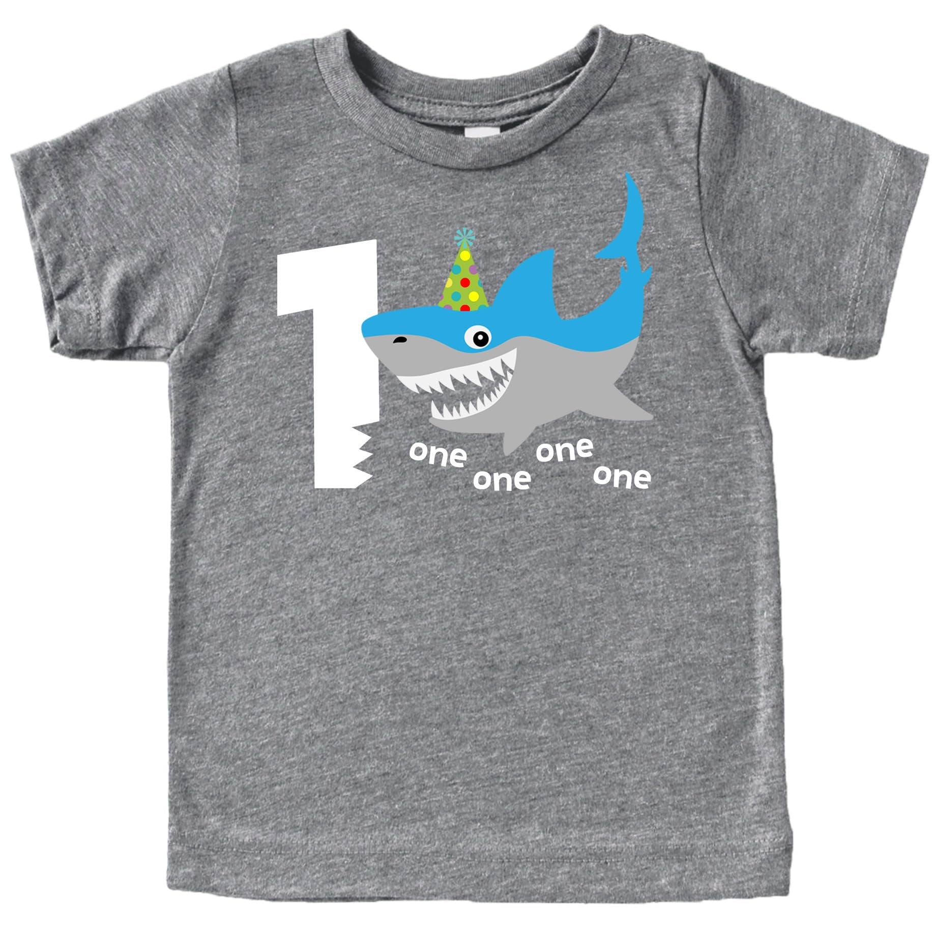Baby boy wearing black shark 1st birthday shirt outfit