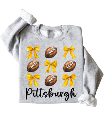 Pittsburgh Football Sweatshirt for Women and Teens Black and Yellow Footballs and Bows Pullover Gray Sweatshirt Adult X-Large
