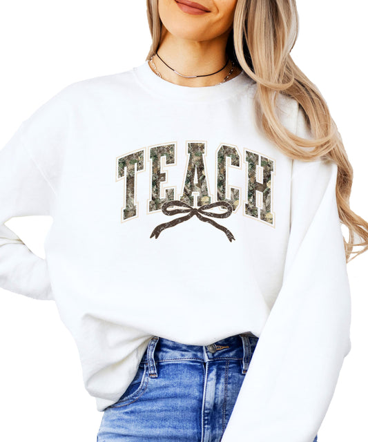 Trendy Camo Teach Sweatshirt - Distressed Teacher Pullover with Bow