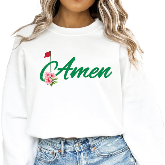 Gray crewneck sweatshirt with Amen Golf graphic print, women's and kids golf apparel by Olive Loves Apple