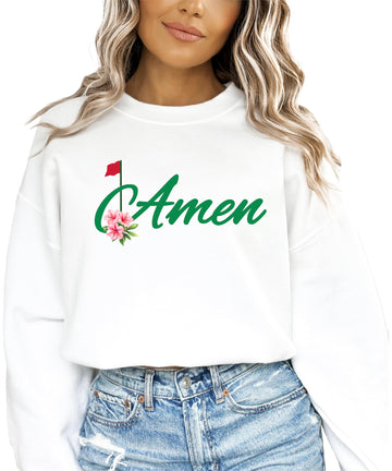 Gray crewneck sweatshirt with Amen Golf graphic print, women's and kids golf apparel by Olive Loves Apple