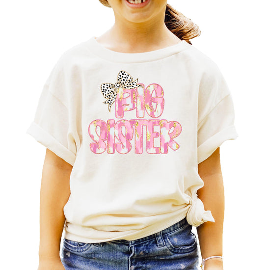Black graphic tee with Big Sister leopard bow design for toddler and youth girls