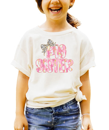 Black graphic tee with Big Sister leopard bow design for toddler and youth girls