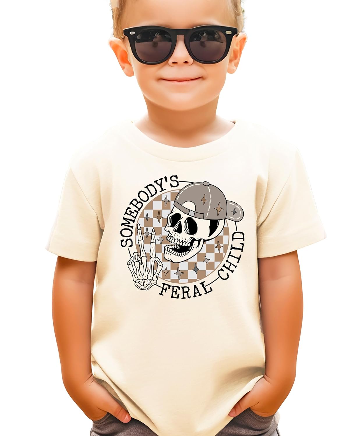 Front view of Somebody's Feral Child skeleton graphic tee for toddlers and kids in natural color